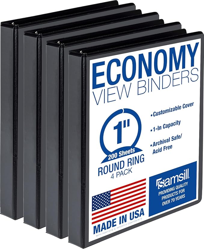 Samsill 1 Inch 3 Ring Binders, Economy Round Ring, Clear View Cover, 200 Sheet Capacity - for School, Home, Office - Black, 4 Pack