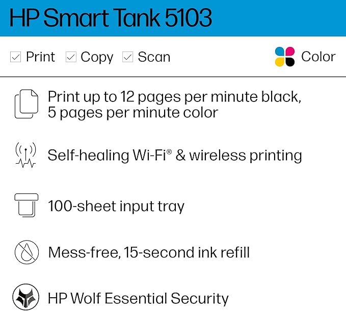 HP Smart Tank 5103 Wireless All-in-One Ink Tank Printer, Scanner,2 Years of Ink, 100 Sheets of Photo Paper Included, Cartridge-Free, Refillable, AI-Enabled (5D1B2A)