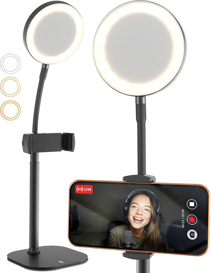 COOPER ChatStand Halo Sturdy Phone Stand for Recording with Light for Desk | 9-13" Adjustable, Weighted Base, iPhone Stand & Phone Holder, Ring Light Tripod for Video Recording, Filming, Fits all Phones