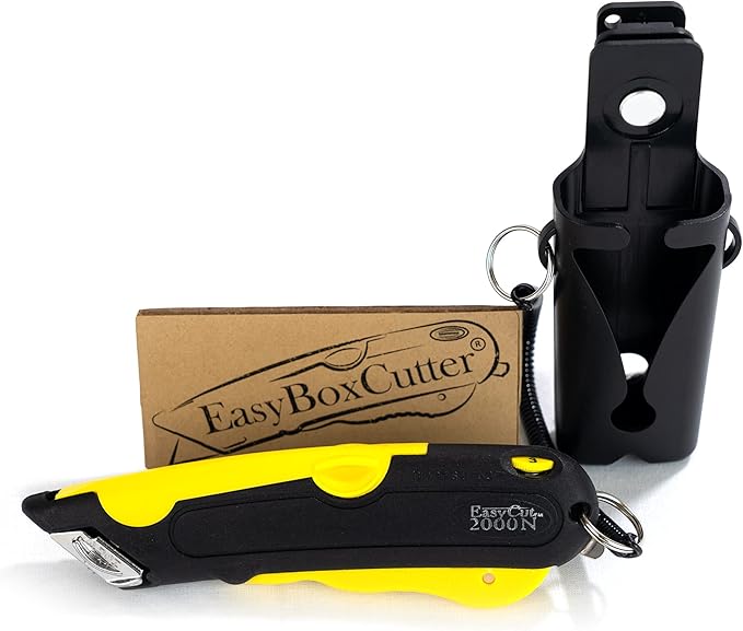 Modern Box Cutter, extra tape cutter at back, dual side edge guide, 3 blade depth setting, 2 blades and holster - Yellow Color 2000 STD