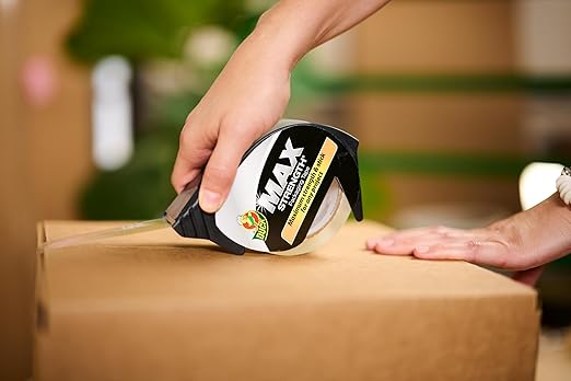 Duck Max Strength Clear Packing Tape with Dispenser - Maximum Strength Heavy Duty Packaging Tape for Shipping & Moving Boxes - 3" Core - 1.88 Inch x 54.6 Yards - Clear (284982)