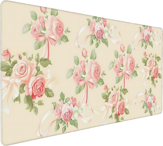 Cute Floral Aesthetic Rose Gaming Mouse Pad, Pink Macaron Desk Mat with Anti-Slip Base & Stitched Edges, Computer Keyboard & Laptop Pad, 35.4" x 15.7" in in Workstation Accessories
