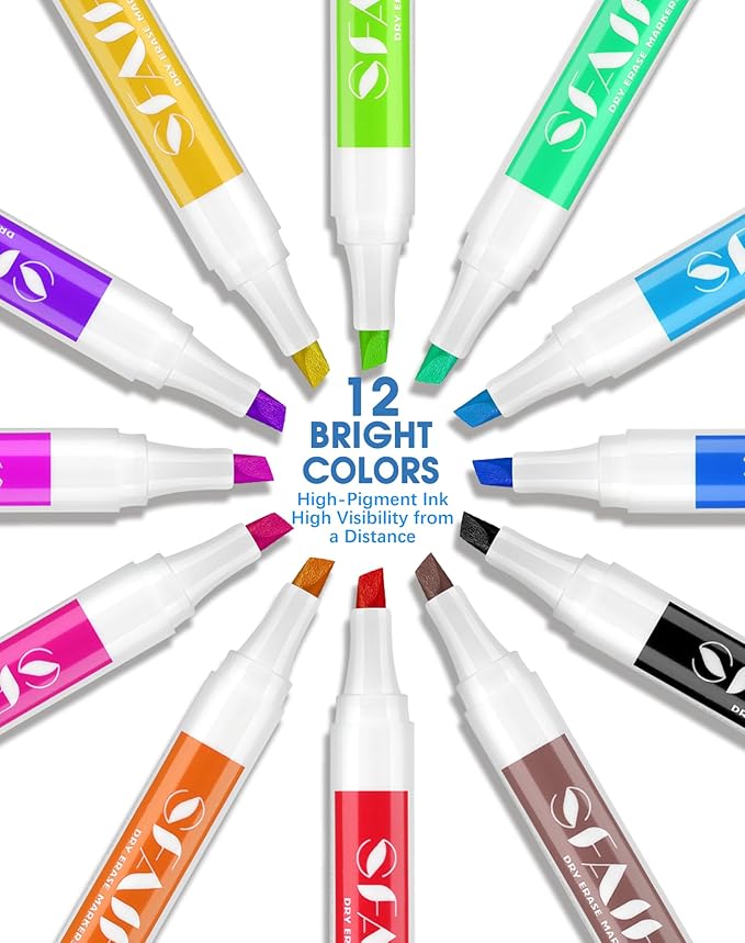SFAIH Dry Erase Markers Chisel Tip with Magnetic Whiteboard Eraser, 36 Bulk 12 Colors White Board Markers for Teachers, Versatile Lines, 1s Quickly Dry, Essential Supplies for Office Teacher