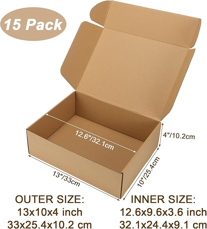 13x10x4 inch Shipping Boxes Set of 15 Brown, Inner Size 12.6x9.6x1.6 inch Cardboard Box Mailers for Small Business Packaging Mailing or Gift Wrapping Giving