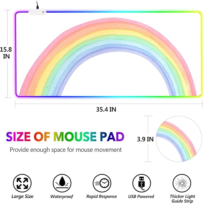 AIMSA RGB Gaming Mouse Pad Large, Keyboard Mousepad Led Extended 35.4 x 15.8 inch Non-Slip Rubber Base with 14 Lighting Modes, Big Desk Mat Waterproof, White Rainbow