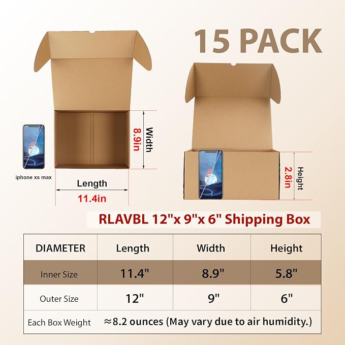 RLAVBL 12x9x6 Shipping Boxes Set of 15, Brown Corrugated Cardboard Mailer Box for Packing, Mailing, Business