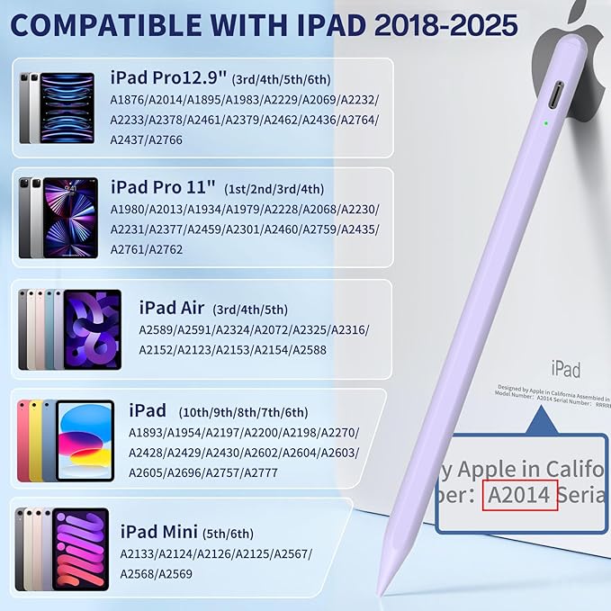 iPad Pencil for 9th & 10th Generation, Fast Charge Stylus Pen for Palm Rejection and Tilt Sensitivity, Compatible with iPad Pro 11/12.9in, Mini 5/6, iPad 6/7/8/9/10, Air 3/4/5 (Purple)