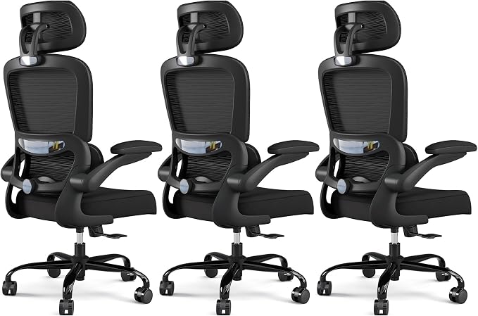 TRALT Office Chair Ergonomic Desk Chair - Gaming Chair with Lumbar Support | 330 LBS Home Office Desk Chairs with Headrest, Reading Chair with Flip-up Armrests, Comfortable Computer Chairs (3, Black)