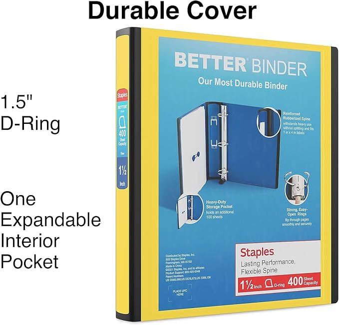 Staples Better Binder 1.5-Inch D-Ring View Binder, Reinforced Spine, Holds Up to 350 Sheets, Yellow, for Office & School