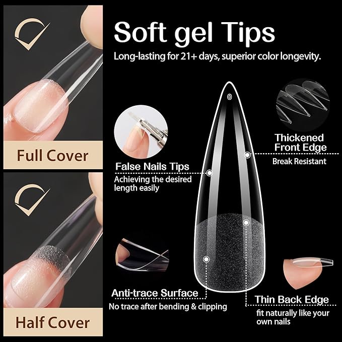 UNA GELLA Clear Stiletto Fake Nails - 216pcs Extra Long Full Cover Gel Nail Tips - 12 Sizes for Nail Extension, No Filing Needed - Home DIY Salon Gelly Tips