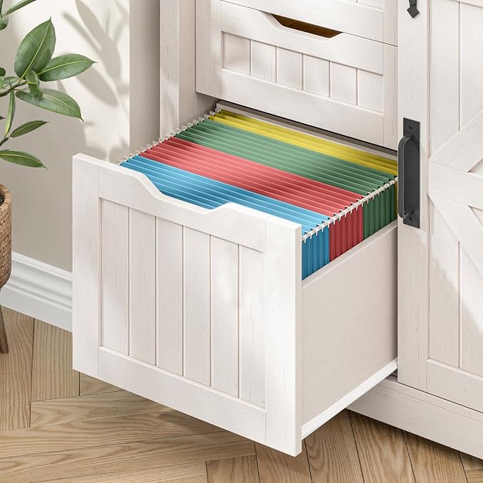 Halitaa Lateral Filing Cabinets with Adjustable Shelf, White | Farmhouse File Cabinet with Lock for Home Office, Filing Storage Cabinets with Sliding Barn Door for Hanging Files Letter/A4
