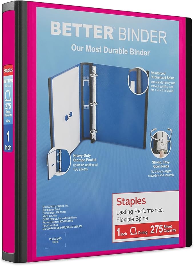 Staples Better View 1-Inch D-Ring Binder, Pink, Clear Overlay | Durable 3-ring binder for school and office document organization.