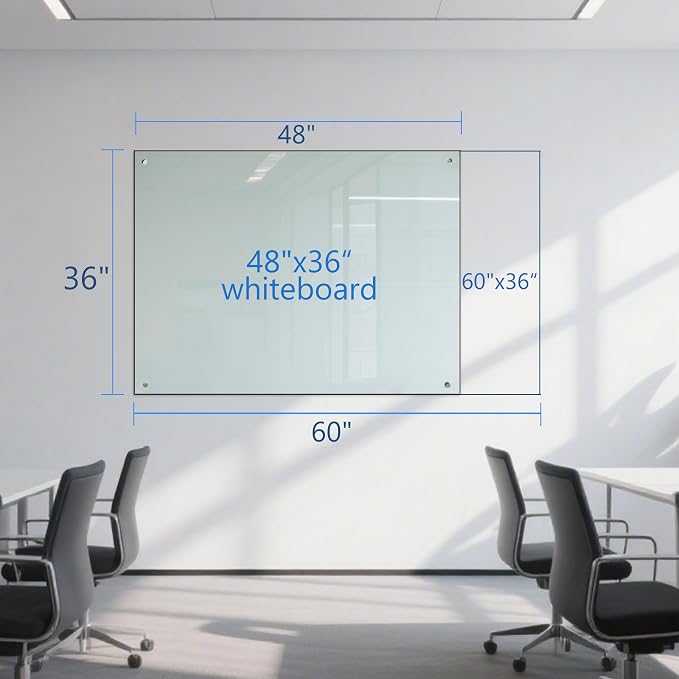 Magnetic Glass Whiteboard - 60"x36" Dry Erase White Board Frameless Glass Boards with Super Strong Magnets, Wall Mounted for Office, School and Home