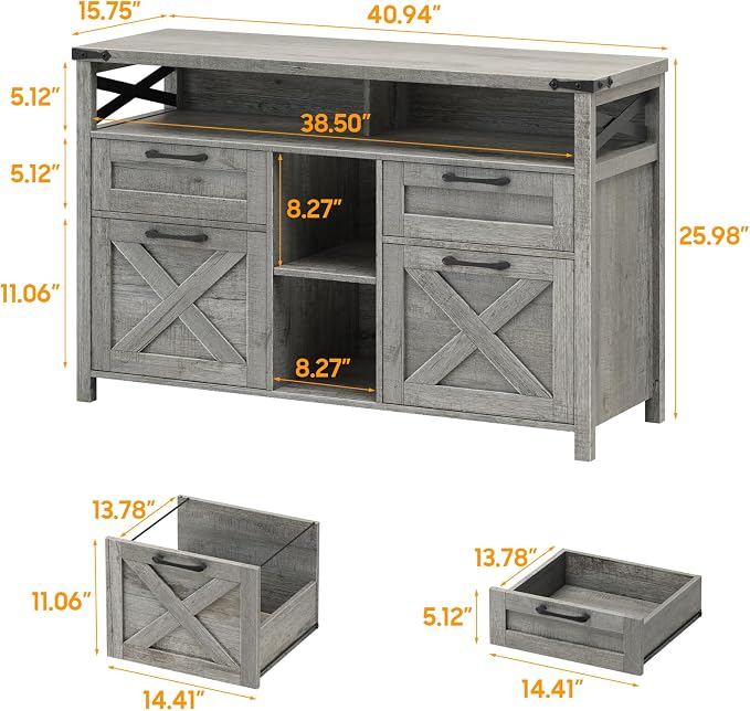 Halitaa File Cabinet with Open Storage Shelf for Home Office, Gray | Farmhouse, Lateral Filing Organization Storage Cabinets, 4 Drawers, Adjustable Shelf, Hanging Files Letter/A4