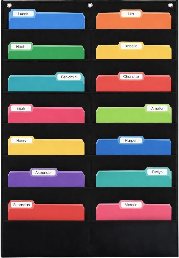 Essex Wares - 14 Pocket File Pocket Chart, Black, 28" Wide x 35" Tall | Versatile Wall Hanging File Folder Organizer for Classrooms, Offices, Home, and More - Wall Folder Organizer