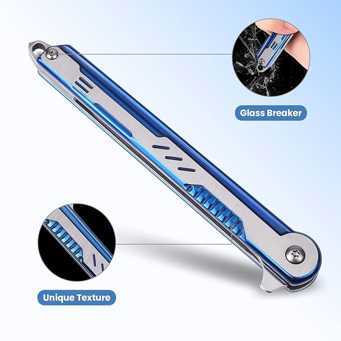 EDC Pocket Knife for Womens, Tanto Folding Knives with 7CR13Mov Stainless Steel Blade, Cool Survival Knife with Clip, Window Breaker, Flipper Open and Liner Lock for Outdoor Camping (Blue)