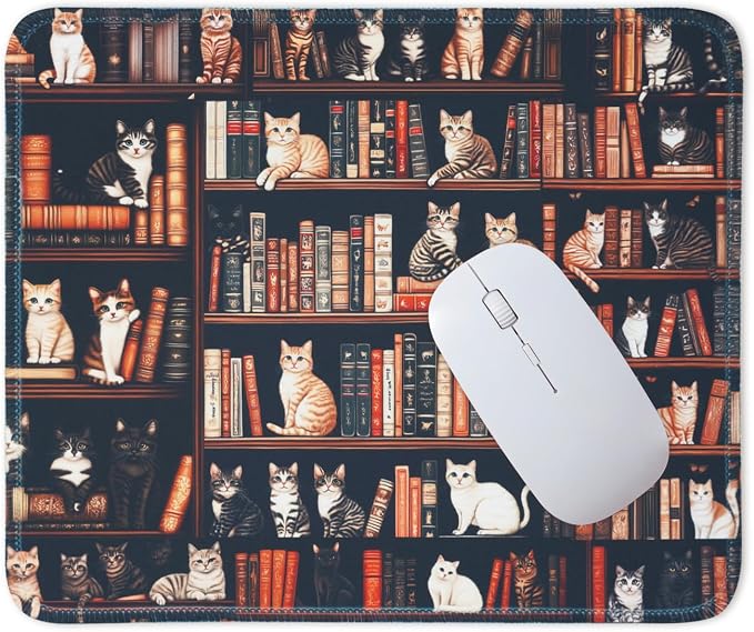 Mouse Pad for Desk with Stitched Edge, Premium Cute Washable Mouse Pads. Computer Mousepad with Non-Slip Rubber Base, Mousepads for Laptop, 9.25x7.75x0.12 inch (Cat Library)