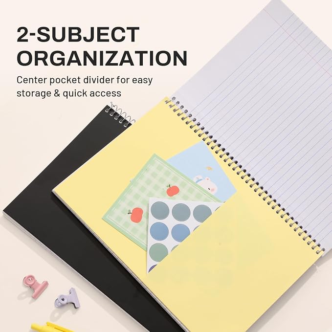 SUNEE Spiral Notebook, 2-Subject, College Ruled Paper, 6" x 9-1/2", 80 Sheets, Spiral Notebooks for School, Black