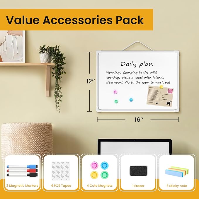 Small Dry Erase Board for Wall, 16" x 12" Double-sided Hanging Whiteboard, Dry Erase White Board with 3 Markers, 4 Magnets and 3 Mini Sticky Notes, Portable Whiteboard for Home, Office, School