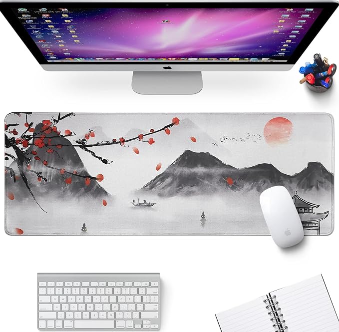 Japanese Cherry Blossom Gaming Mouse Pad Large Desk Mat,Big Desk Pad with Stitched Edge Non-Slip Rubber Base,Office Decor Organizers and Accessories