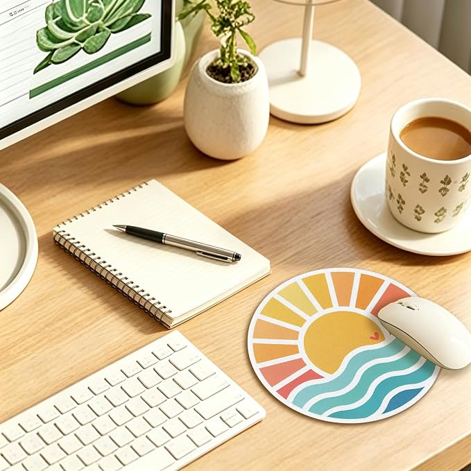 Boho Sunset Ocean Waves Beach Round Mouse Pad 7.9x7.9in | Beach Office Decor,Nautical Coastal Sun Mousepad Mouse Mat for Computer Laptop Home Office Dorm Desk Accessories