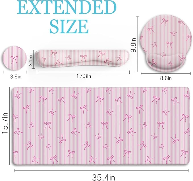 LIMKRIAN Pink Striped Mouse Pad Desk Mat Set, Cute Back to School Supplies | Ergonomic Wrist Rest Mouse Pad, Wrist Support Keyboard Mat, Coaster, Mousepad for Computer Office Desk Decor Accessories