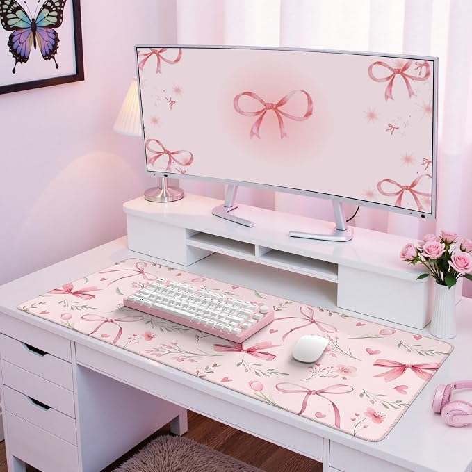 iCasso Pink Desk Mat,Cute Desk Pad for Women | Girly Bow Mousepad with Stitched Edges,Non-Slip Large Computer Mat for Study Home Office