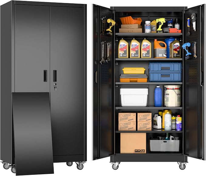 71" Metal Storage Cabinet, 34" W x 18" D, Wheels and Pegboard | Required assembly; 34"W x 18"D steel cabinet with 5 adjustable shelves, 4 casters, door pegboard, hooks, and 3-point lock.