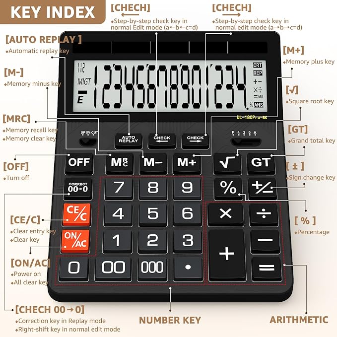 Calculators Desktop, 2026 Upgrade 14 Digit Large Size Calculator with 5-Inch LCD Display and Solar Power, Office Calculator for Desk (Black)