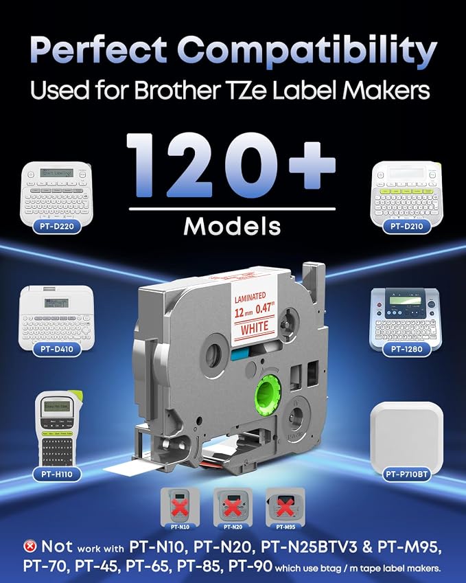 TZe-232 TZ Tape 12mm 0.47 Laminated Red on White P Touch Label Tape | Replace for Brother Label Maker Tape TZe232 for Brother PTH110 PT-D210 D220 H103W 1180 1280 1750 Ptouch Refills, 5-Pack