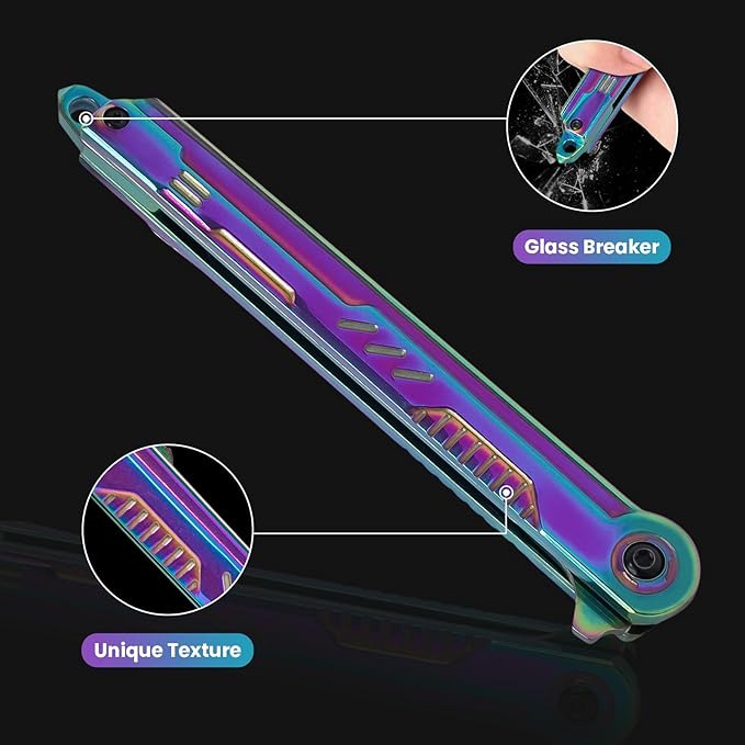 Rainbow Pocket Knife for Men & Women - EDC Folding Knives with Clip, Glass Breaker, Flipper and Liner Lock for Self Defense - Cool Survival Knife for Outdoor Camping