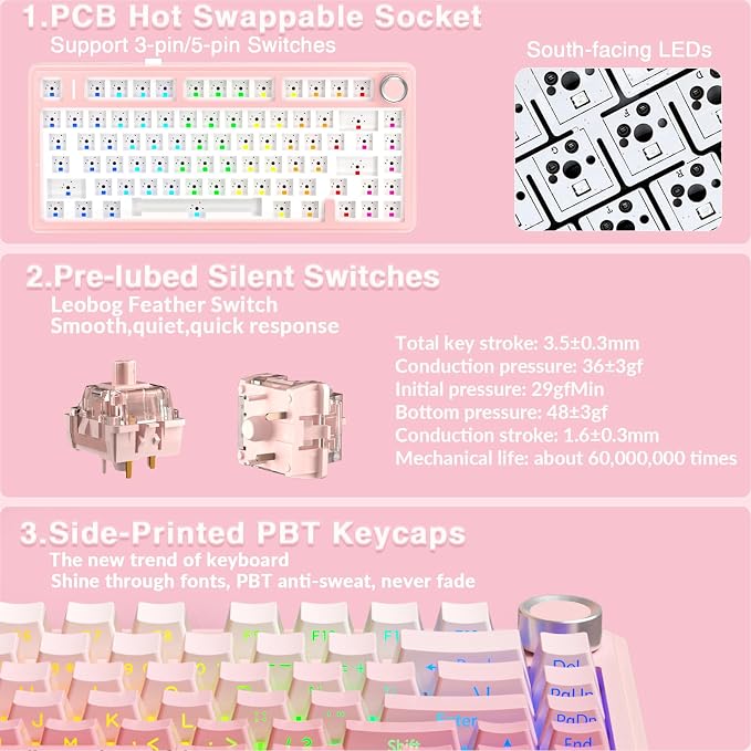 AULA F75 Pro Wireless Mechanical Keyboard Silent Version,75% Hot Swappable Custom Keyboard with Knob,RGB Backlit,Pre-lubed Switches,Side Printed PBT Keycaps,2.4GHz/USB-C/BT5.0 PC Gaming Keyboards,Pink