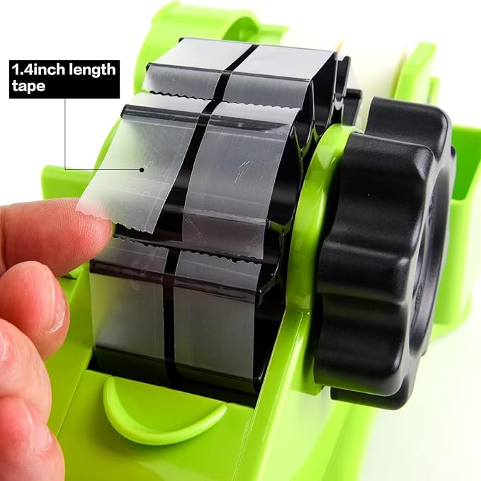 Green Packaging Tape Dispenser with Compartment Slot and 1"& 3" Dual-roll cores,semi-Automatic Desk 3/4" Heat Tape Dispenser & Cut, Designed for Office,School and Warehouse.