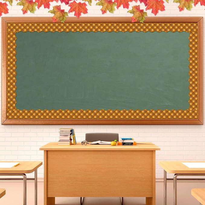 BeYumi Fall Plaid Border Trim - 65ft Pumpkin Rolled Border Classroom Decor | Thanksgiving Autumn Pumpkin Brown Bulletin Board Border Set Office School Chalkboard Kindergarten Classroom Wall Party Decor