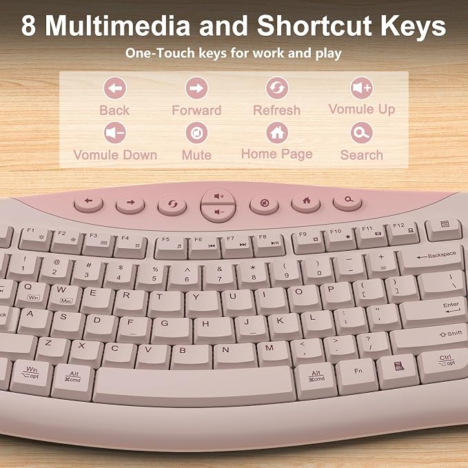 Wireless Keyboard and Mouse Combo, 2.4G Quiet Ergonomic Curved Keys(Pink)
