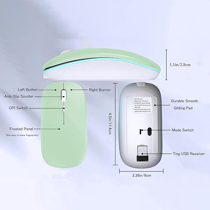 Wireless Bluetooth Mouse Rechargeable Laptop Mice with LED Lights Silent Slim Use(BT5.2 and 2.4G Portable USB Receiver)Dual Mode Computer Mouse for Laptop/iPad/Tablet/Apple/Computer/Mac(Green)