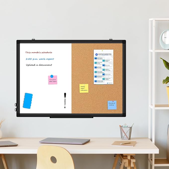 [24" x 36"] WALGLASS Dry Erase and Bulletin Boards Combo, Magnetic White Board Cork Board for Wall, Whiteboard & Corkboard Combination with Aluminum Frame, for Home, Classroom, Office