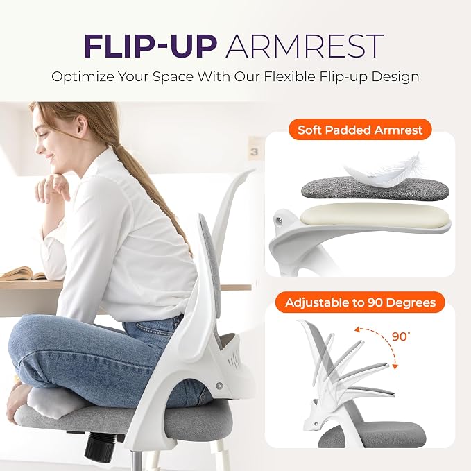 NEO CHAIR Office Desk Chair, Ergonomic Mesh with Flip-Up Armrests, Grey | Lumbar Support, Height Adjustment, 360° Swivel and Rolling Base, Space-Saving Design for Home Office, Vanity or Study