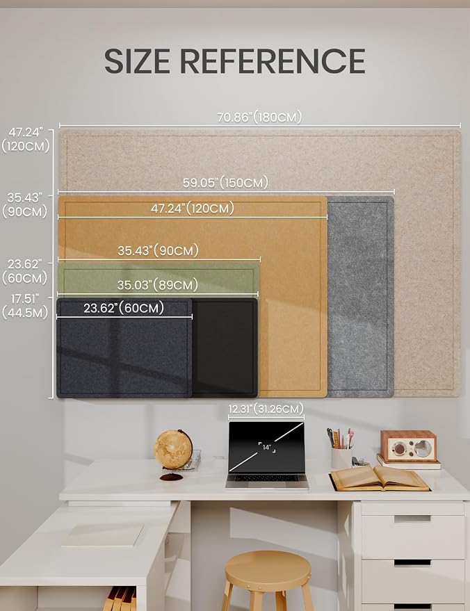 Fluxynara 35" x 17.1" Bulletin Board, Blue Gray | Cork Board Alternative with 12 Removable Adhesive Tabs, Foldable Felt Pin Board for Home, Office, Classroom & Dorm