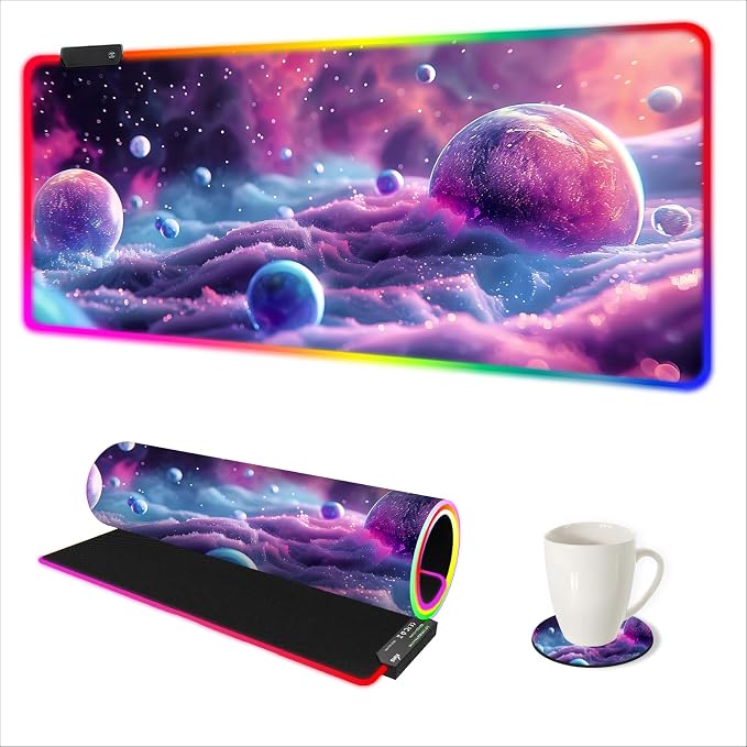 Large RGB Gaming Mouse Pad, Led Big Mouse mat with 14 Light Modes, Extended Soft Computer Keyboard Mat Non-Slip Rubber Base, Colorful Purple Ball