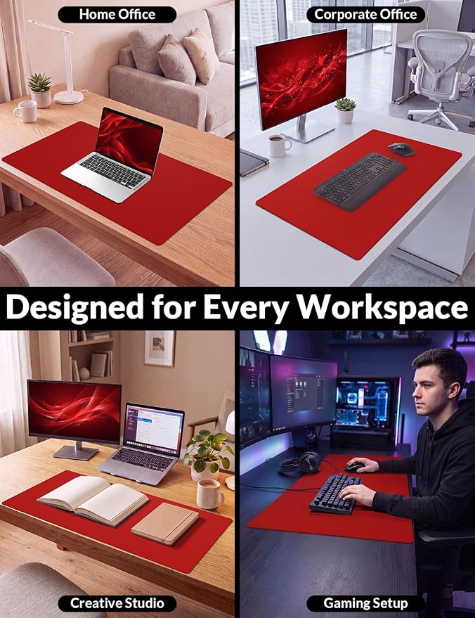 Leather Desk Mat 31.5" x 15.7", Non-Slip Waterproof PU Leather Desk Pad Protector, Large Mouse Pad & Writing Mat for Office, Home, Laptop and Keyboard, Red