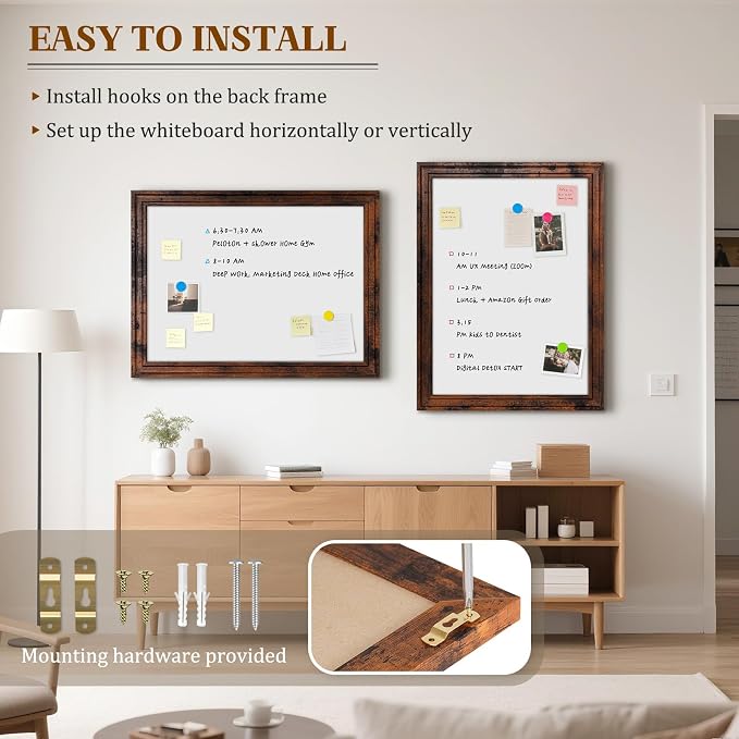 White Board for Wall, 24'' x 18'' Magnetic Dry Erase Board, Brown | Wooden Frame, Decorative Whiteboard, Wall Mounted, for Home, Office, Kitchen, Dorm, 4 Markers, 6 Magnets, A Eraser