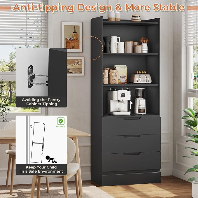 DICTAC Bookcase with 3 Drawers and Shelves 73.23'' Tall Bookshelf with Storage Modern Wood Closet Drawers System,Closet Organizer Unit Freestanding Tall Storage Cabinet for Home Office,Bathroom,Black