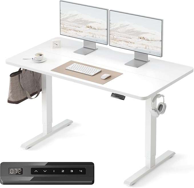 FEZIBO 55 x 24 Inchs Electric Standing Desk, Height Adjustable, Sit Stand Up, Computer Office Desk with Splice Board, White Frame/White Top | Sit and Stand Up Adjustable Desk, Home Office Computer Desk with 3 Customizable Memory Presets