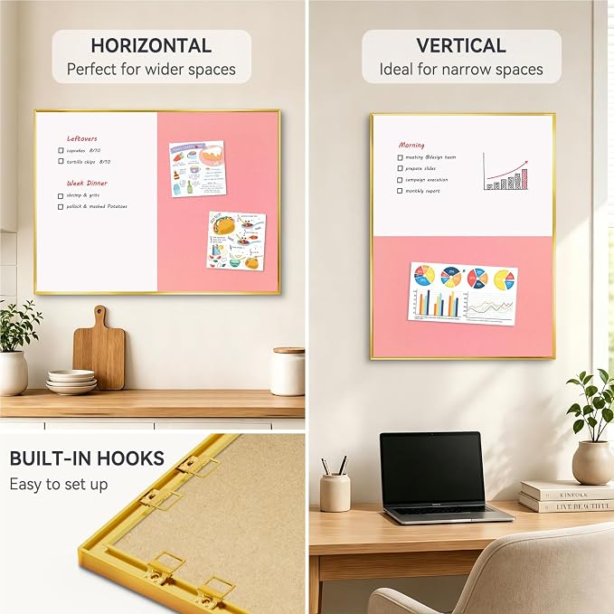 Whiteboard Bulletin Board Combo, 36"x24" Dry Erase Linen Cork Board | Magnetic, Gold Aluminum Frame, Pink Linen Pin Board, Wall Mount, Vertical & Horizontal, for Home Office Kitchen Dorm