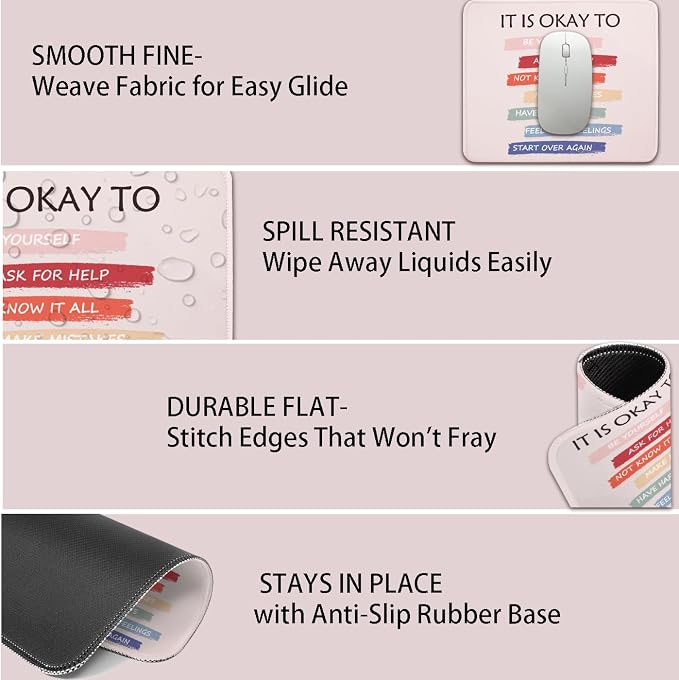 Mouse Pad for Desk with Stitched Edge, Premium Cute Washable Mouse Pads. Computer Mousepad with Non-Slip Rubber Base, Mousepads for Laptop, 9.25x7.75x0.12 inch (It's OK)