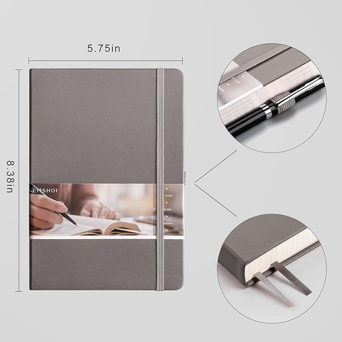 EMSHOI Graph Paper Notebook, 256 Pages 120 GSM Thick Paper, A5 Small 5.75"x8.38", PU Leather Hardcover Journal, 5mm Grid Notebook for Work School Math Engineering Writing Graphing, Dark Grey