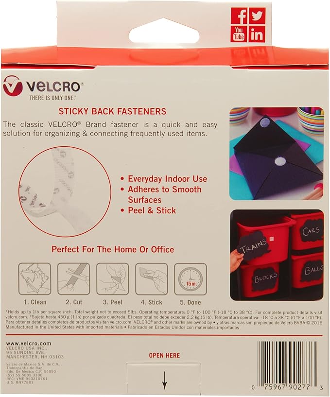VELCRO Brand - Sticky Back Hook and Loop Fasteners – Peel and Stick Permanent Adhesive Tape Keeps Classrooms, Home, and Offices Organized – Cut-to-Length Roll | 15ft x 3/4in Tape | White