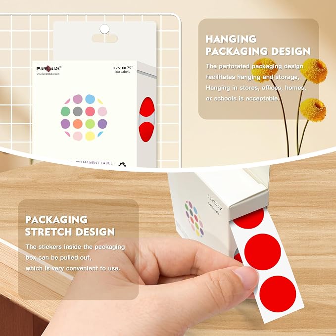 PARLAIM 3/4 Inch Color Coding Label Stickers,500PCS Circle Inventory Sticky Dots Sticker in Dispenser Box,Red Adhesive Round Dot Labels for Office Home (Red)