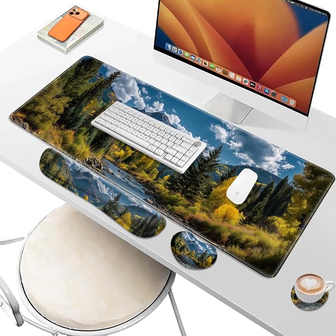 Desk Pad and Keyboard Wrist Rest, Large Mouse Pad + Keyboard Pad+Mouse Wrist Support, Non-Slip Desk Mat Protector for Office, Home 31.5×11.8 Inches Fall Forest